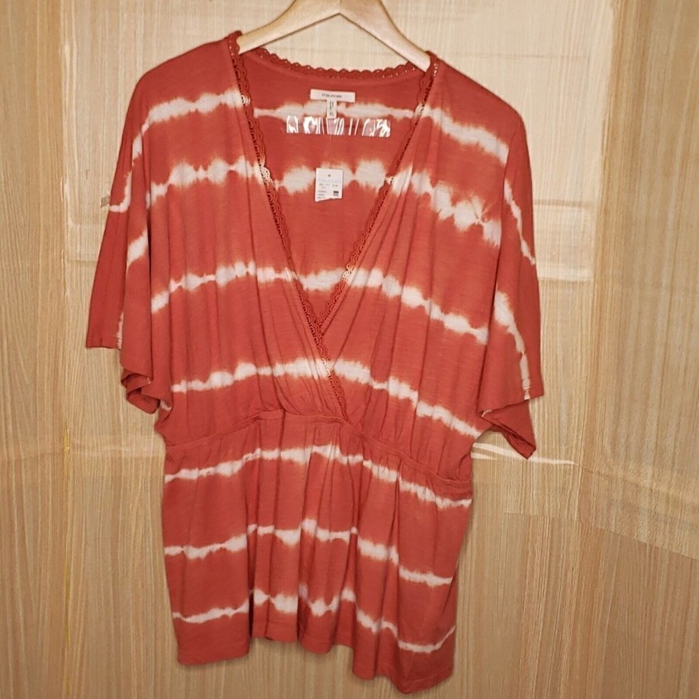 Maurices Womens New Orange Tie Dye Short Sleeve Faux Wrap Top XL
